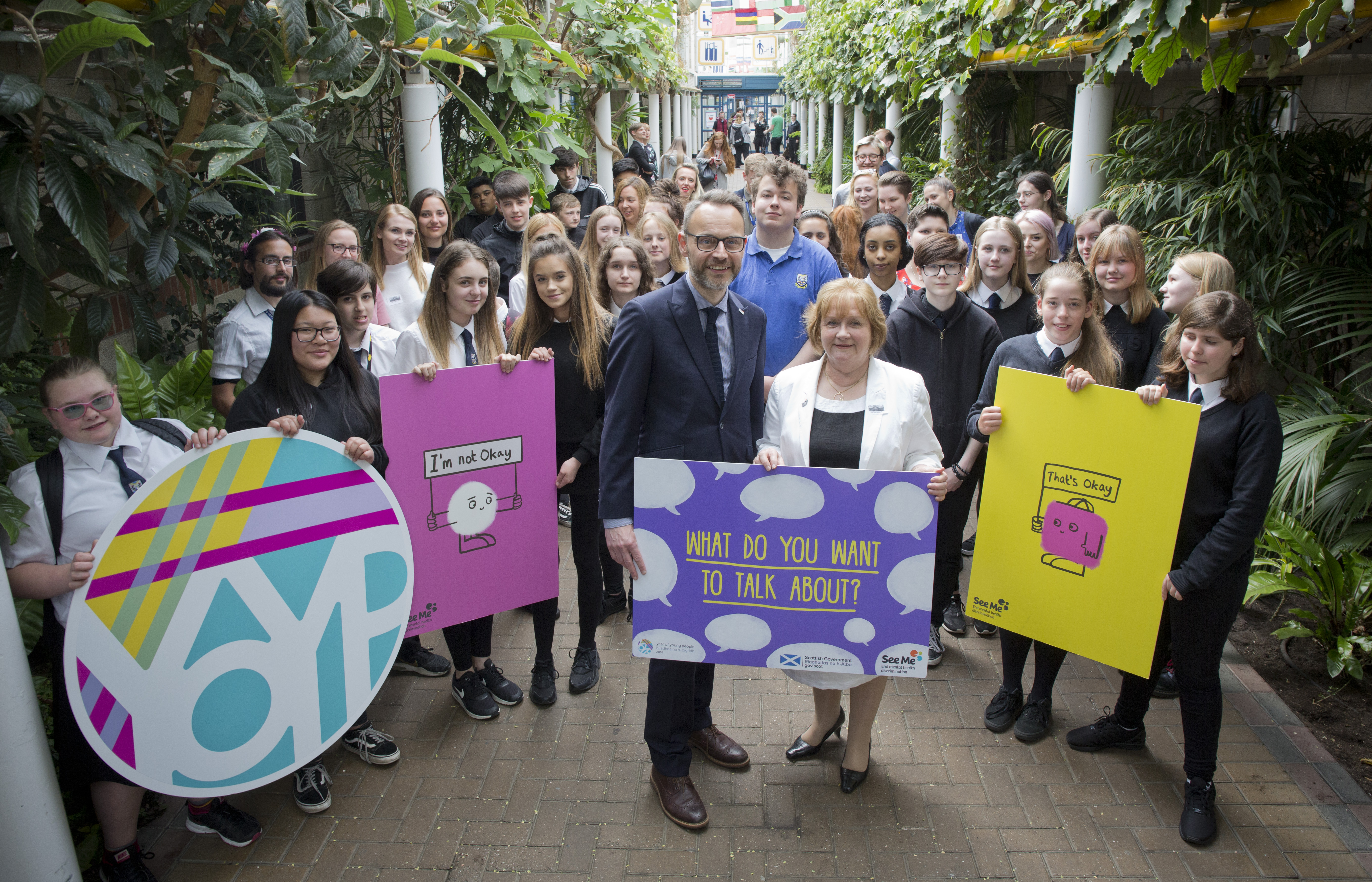 See Me volunteers, staff, the Scottish Government's mental health minister and pupils from Leith Academy