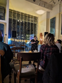 A performer at the Time to Talk Day open mic night.