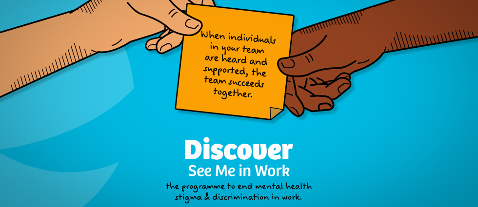 post it in a hand and banner saying Discover See Me in Work
