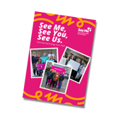 An image of the cover of the See Me volunteering strategy, reading "See Me, See You, See Us - volunteering strategy 2021-2026"