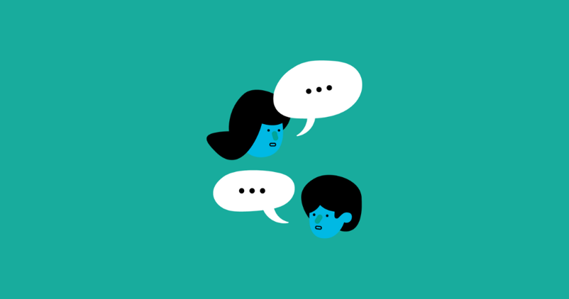 Illustration of two people chatting on a green background.