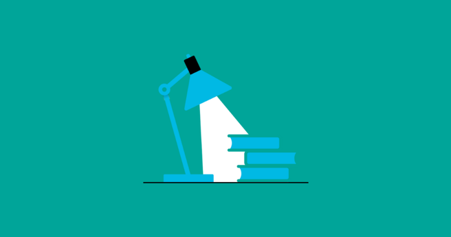 Illustration of a desk lamp shining on a pile of books