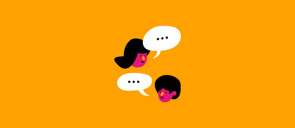 Illustration of two people chatting on a yellow background