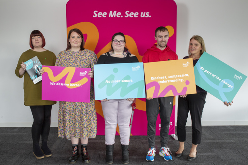 See Me volunteers, accompanied by Wendy Halliday (See Me) and Jo Finlay (MHF) at the launch of the Scottish Mental Illness Stigma Study