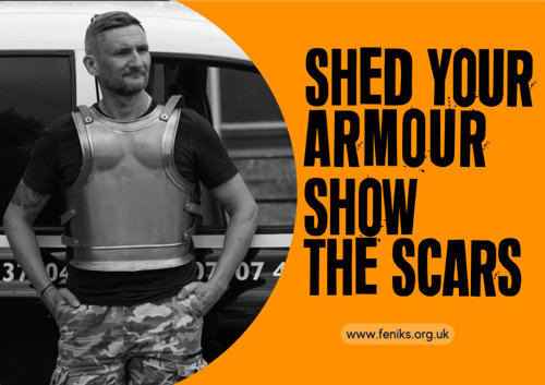 Text: Shed your armour, show the scars
