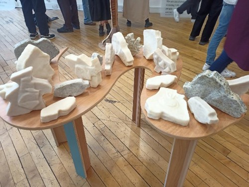 Various soap sculpture laid out on a table.
