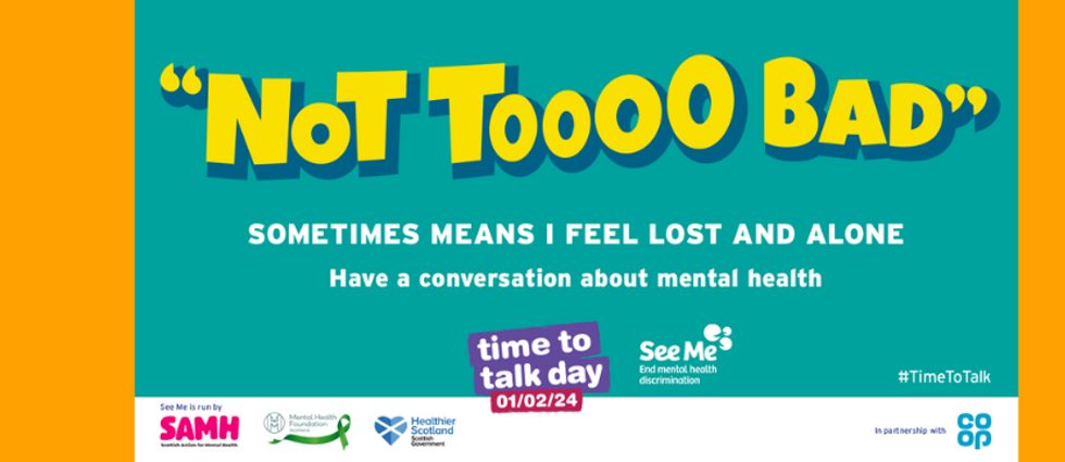 Text: "not too bad sometimes means i feel lost and alone have a conversation about mental health"